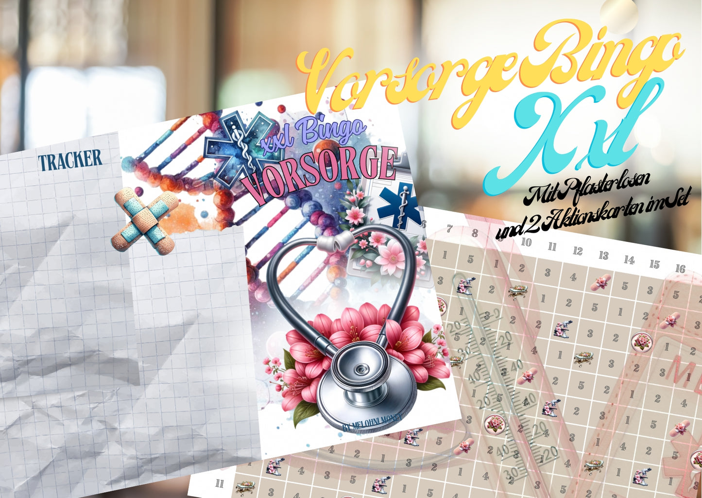 XXL Vorsorge Bingo mit 2 Sonderkarten , 3er Klappkarte und 10 Pflaster Lose und Klebepunkten