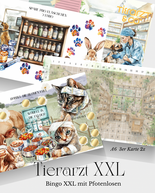 Tierarzt XXL Bingo mit 2 Dreier Klappkarten, „Pfoten Losen“ und Klebepunkten