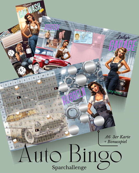 Auto Bingo „Ladys Garage“ XL mit Losen, Klebepunkten und Bonusspiel A6